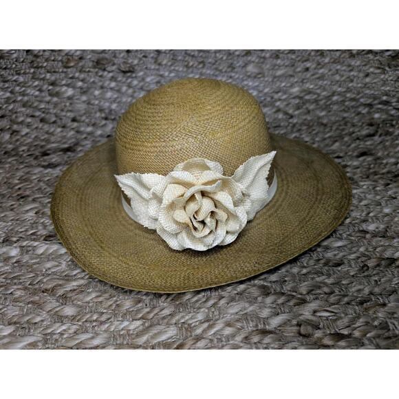 Womens Brown Straw Wide Brim Panama Hat w/ Ribbon & Flower Accent BOHO Size M - Picture 1 of 10